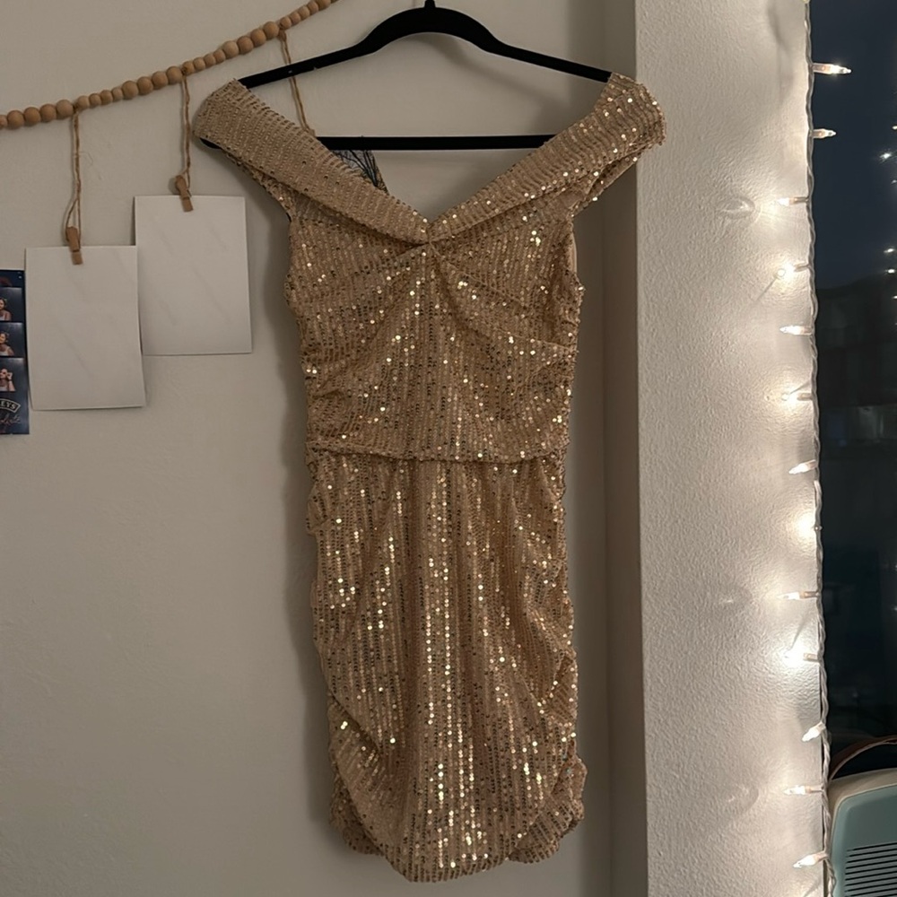 Gold Sequence Mini Dress with scrunched sides